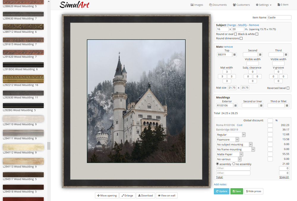 Simulart Picture Framing Software Prices Visualization And Ecommerce